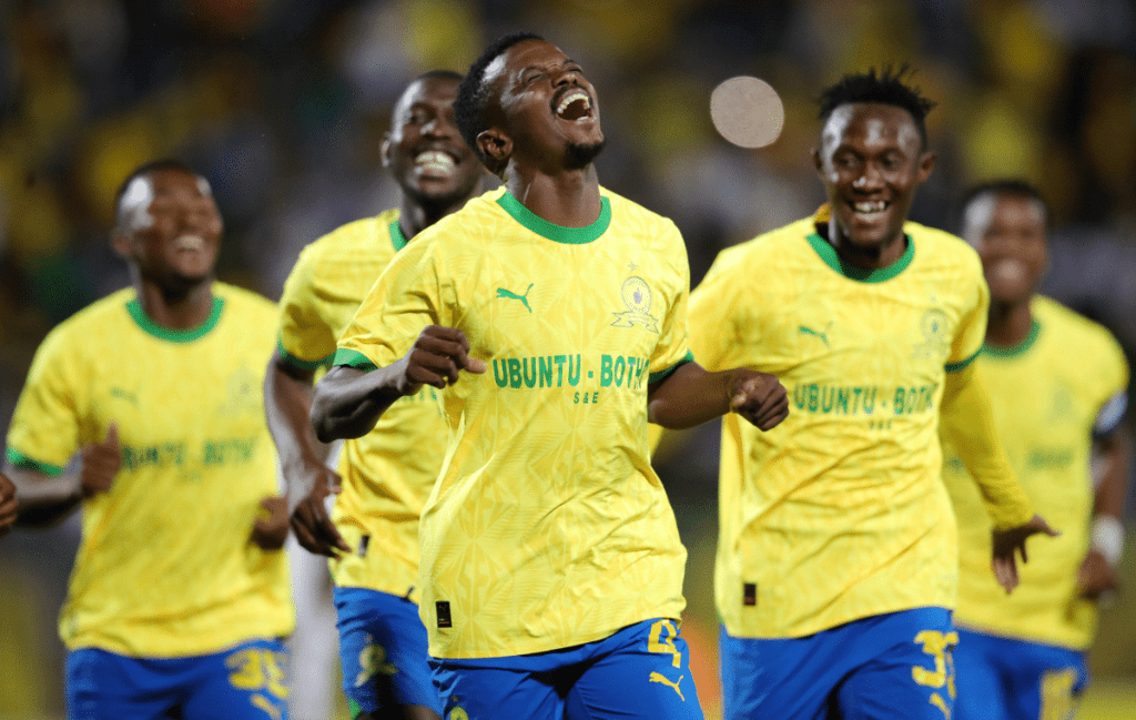 Teboho Mokoena celebrates with teammates after scoring a goal in the DStv Premiership