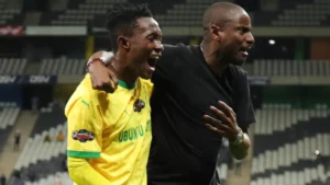 Thapelo Maseko and Rulani Mokwena of Mamelodi Sundowns in action