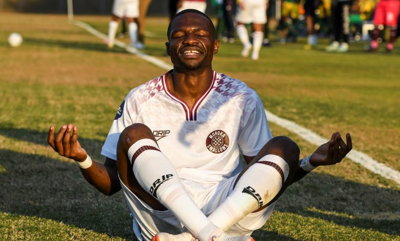 Tshegofatso Mabasa celebrates a goal for Moroka Swallows in the DStv Premiership