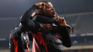 Orlando Pirates striker Zakhele Lepasa in celebratory mood.