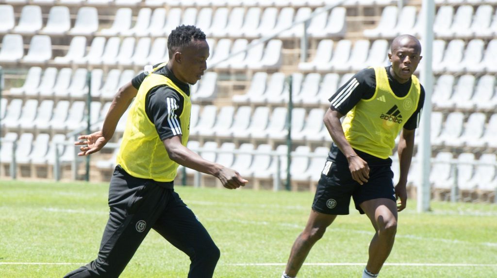 Zakhele Lepasa challenging Patrick Maswanganyi on the ball at training