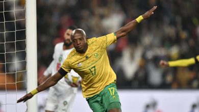 Zakhele Lepasa celebrates a goal for Bafana Bafana against Morocco
