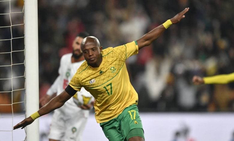 Zakhele Lepasa celebrates a goal for Bafana Bafana against Morocco