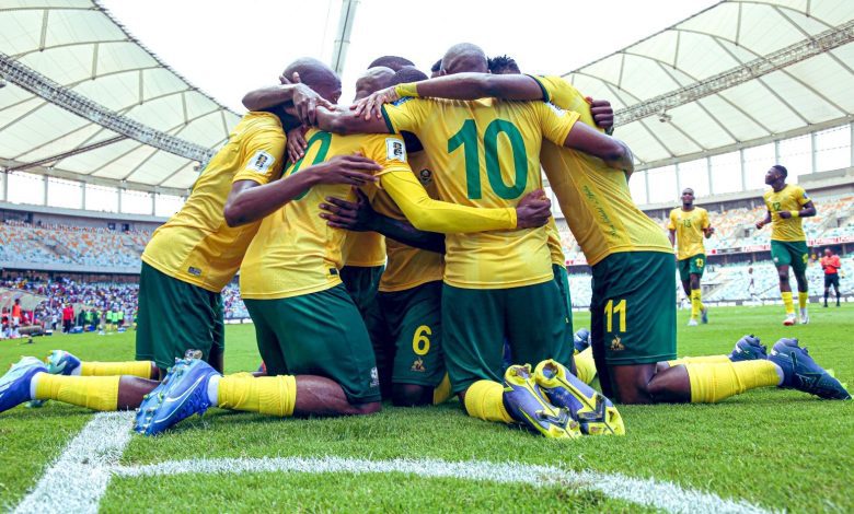 Bafana Bafana players celebrate a goal as they defeat Benin in 2026 World Cup qualifiers