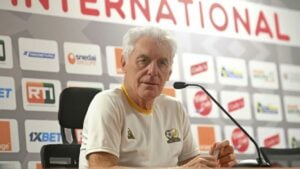 Bafana Bafana head coach Hugo Broos addressing members of the media.