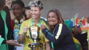 Banyana Banyana stalwart Janine van Wyk and coach Desiree Ellis.