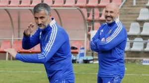 Orlando Pirates head coach Jose Riveiro and assistant coach Sergio Almenara.