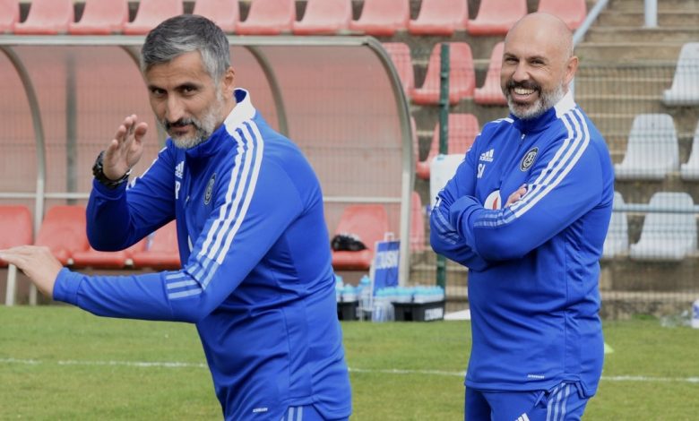 Orlando Pirates head coach Jose Riveiro and assistant coach Sergio Almenara.