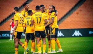 Kaizer Chiefs players celebrate a goal against Cape Town Spurs in the DStv Premiership