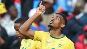 Bafana Bafana forward Lyle Foster in celebratory mood.