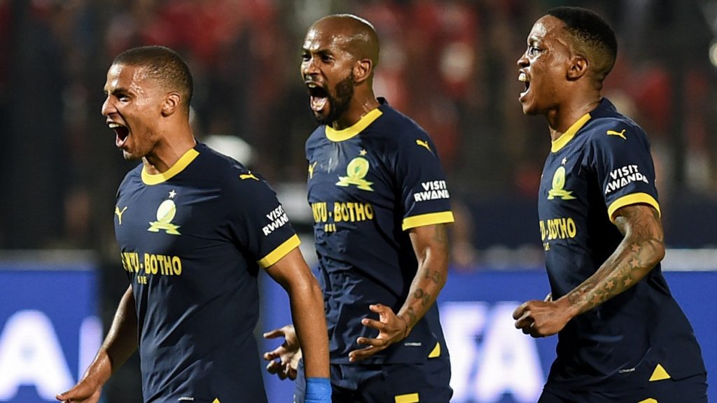 Mamelodi Sundowns players in celebratory mood after defeating Al Ahly.