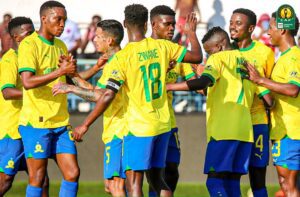 Mamelodi Sundowns celebrating a goal. Isaac Chansa says they are better