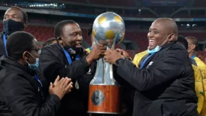 Morena Ramoreboli and Vela Khumalo of Kaizer Chiefs after winning the COSAFA Cup