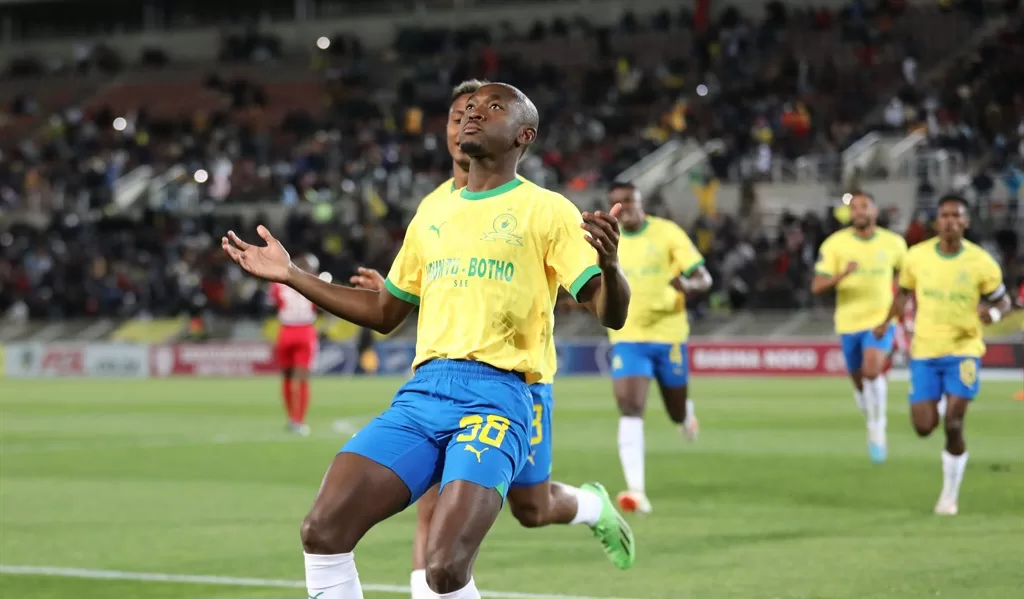 Peter Shalulile celebrate a goal for Sundowns in the AFL championship against Wydad