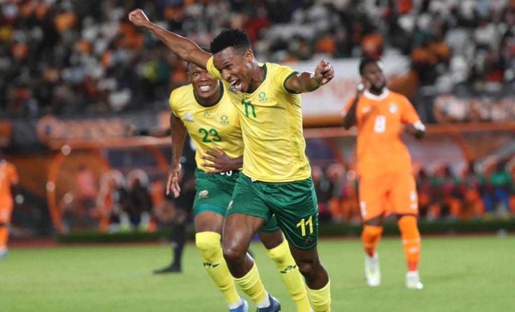 Themba Zwane celebrates a goal for Bafana Bafana