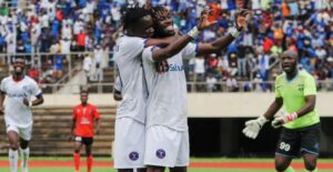 Emmanuel Paga celebrating a goal with a teammate, he is wanted by DStv Premiership clubs