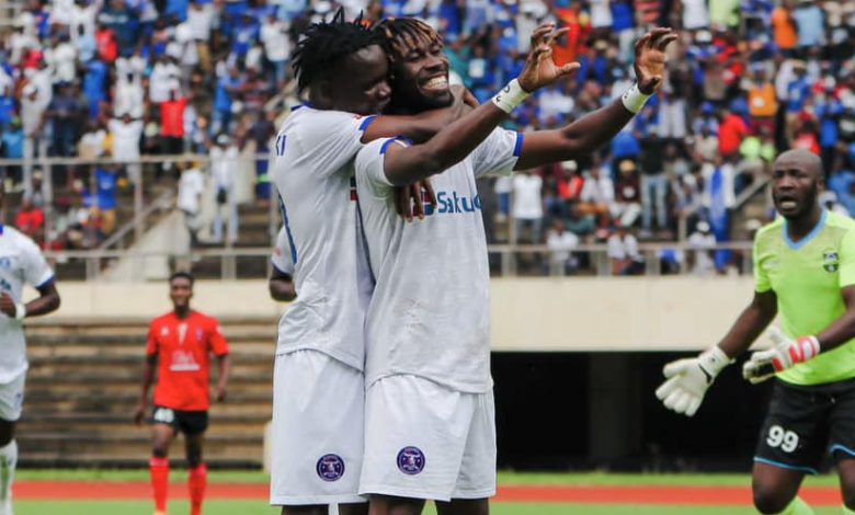 Emmanuel Paga celebrating a goal with a teammate, he is wanted by DStv Premiership clubs