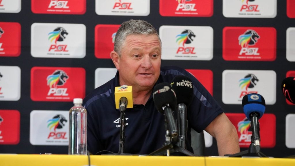 SuperSport United head coach Gavin Hunt addressing the media.