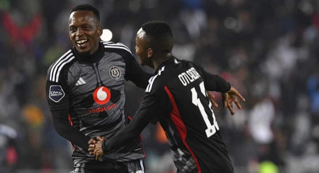 Patrick Maswanganyi and Katlego Otladisa celebrate a goal in the DStv Premiership