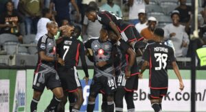 Orlando Pirates players celebrate a league goal in the DStv Premiership