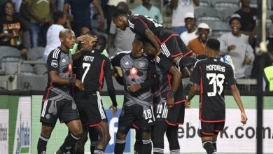 Orlando Pirates players celebrate a league goal in the DStv Premiership