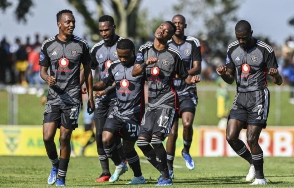 Orlando Pirates players celebrating a goal in the DStv Premiership