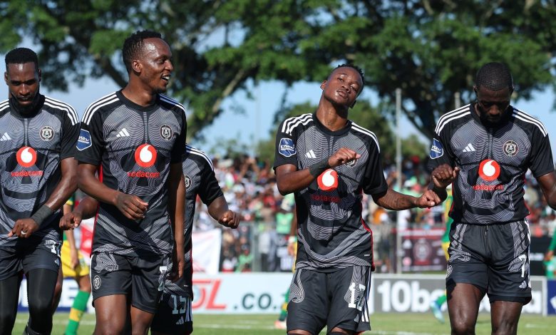 Orlando Pirates player celebrating a goal against Golden Arrows