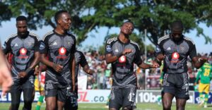 Orlando Pirates player celebrating a goal against Golden Arrows