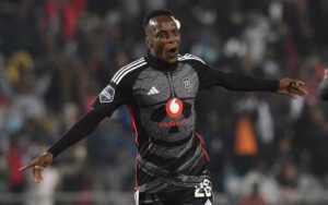 Patrick Maswanganyi celebrates a goal for Pirates in the DStv Premiership