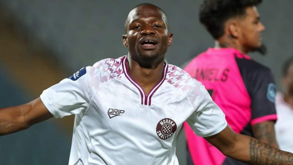 Moroka Swallows striker Tshegofatso Mabasa in celebratory mood.
