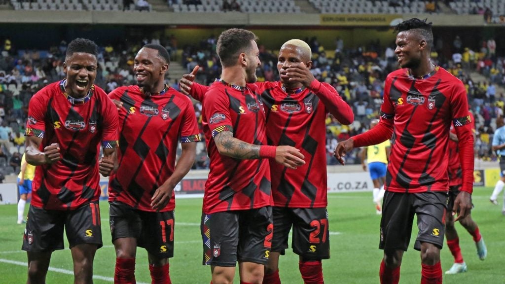 TS Galaxy players celebrate during their Carling Knockout Cup tie against Mamelodi Sundowns at Mbombela Stadium.