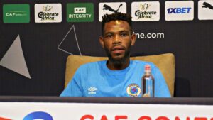 SuperSport United defender Thulani Hlatshwayo addressing the members of the media.