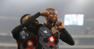 Zakhele Lepasa and Monnapule Saleng in action for Orlando Pirates