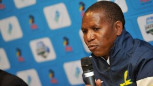 Mamelodi Sundowns legend Alex Bapela addressing the media.