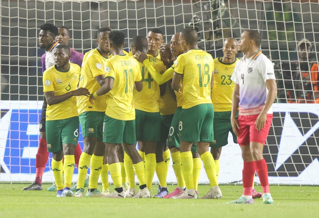 Bafana Bafana celebrating a goal at 2023 AFCON