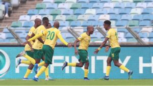 Bafana Bafana players celebrate a goal during a match