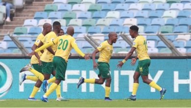 Bafana Bafana players celebrate a goal during a match