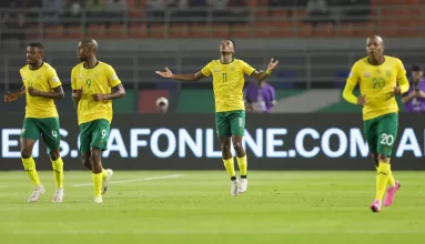 Bafana Bafana players celebrating Themba Zwane's goal at AFCON