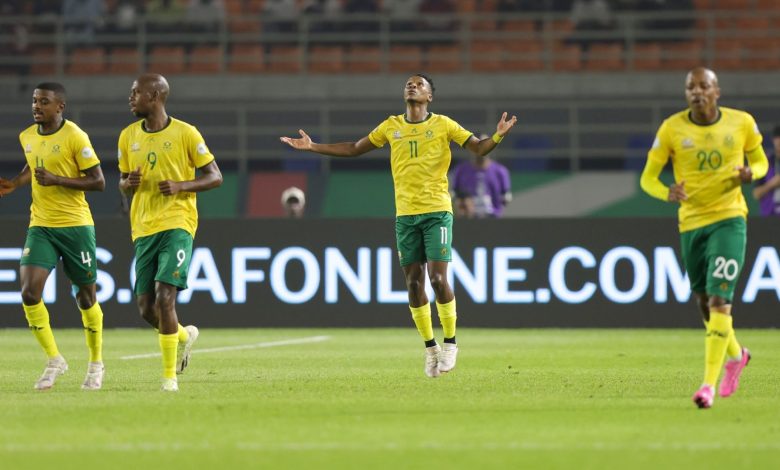 Bafana Bafana players celebrating Themba Zwane's goal at AFCON