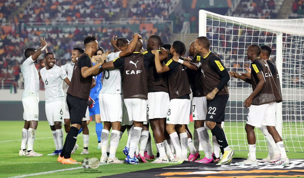 Bafana Bafana players celebrating a goal against Morocco at AFCON