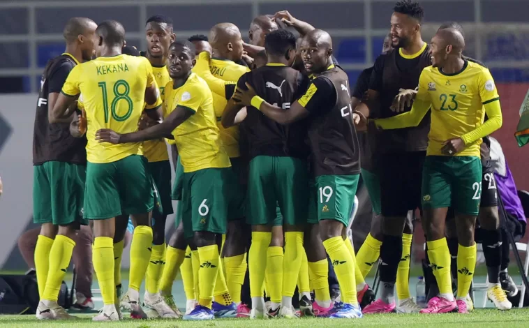 Bafana Bafana players celebrating a goal at AFCON