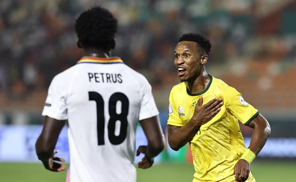 Themba Zwane celebrates a goal against Namibia at 2023 AFCON