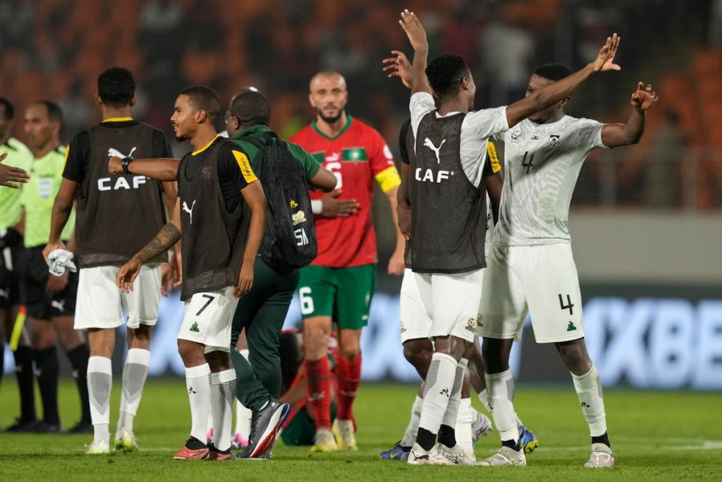 Bafana Bafana players celebrate a win against Morocco at 2023 AFCON