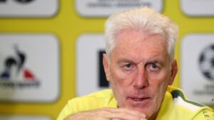 Bafana Bafana head coach Hugo Broos addressing the media.