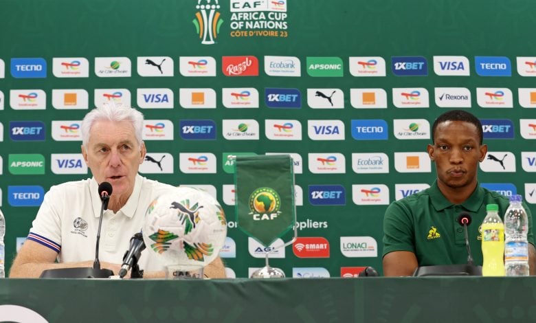 Hugo Broos and Grant Kekana addressing the media.