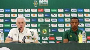 Hugo Broos and Grant Kekana addressing the media.