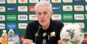 Hugo Broos attending a Bafana Bafana press conference