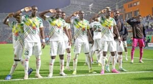 Mali players celebrate a goal at 2023 AFCON