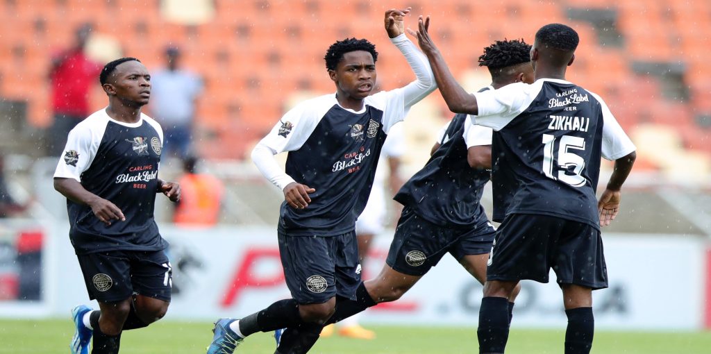 Mfundo Vilakazi celebrating a goal for All Star team against Stellenbosch FC