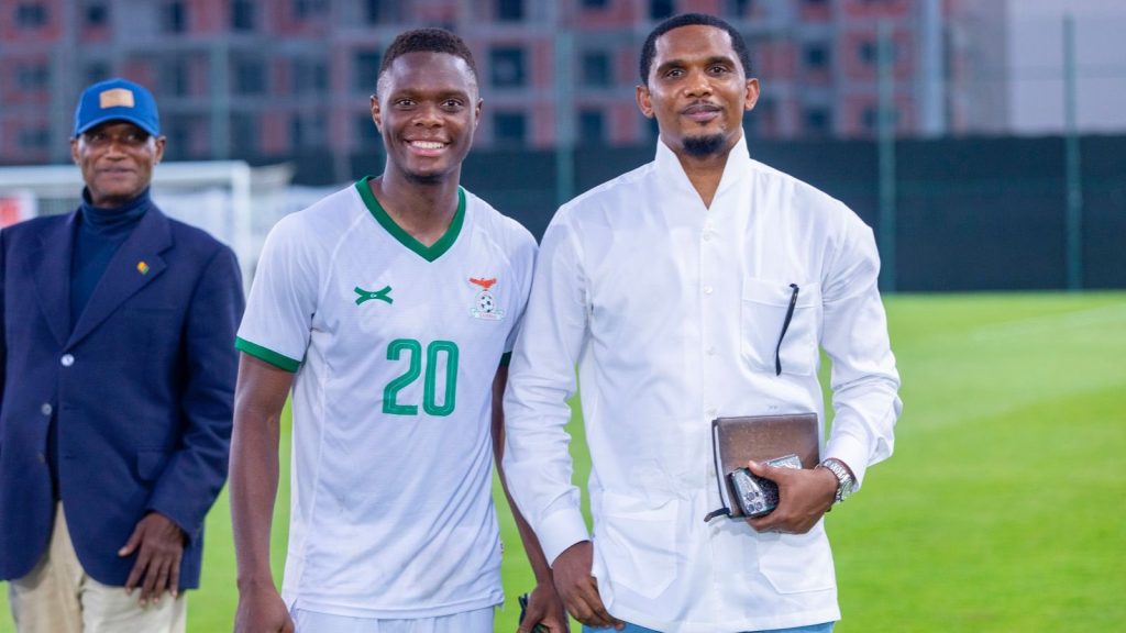 Patson Daka and Samuel Eto'o after a training match between Zambia and Cameroon.